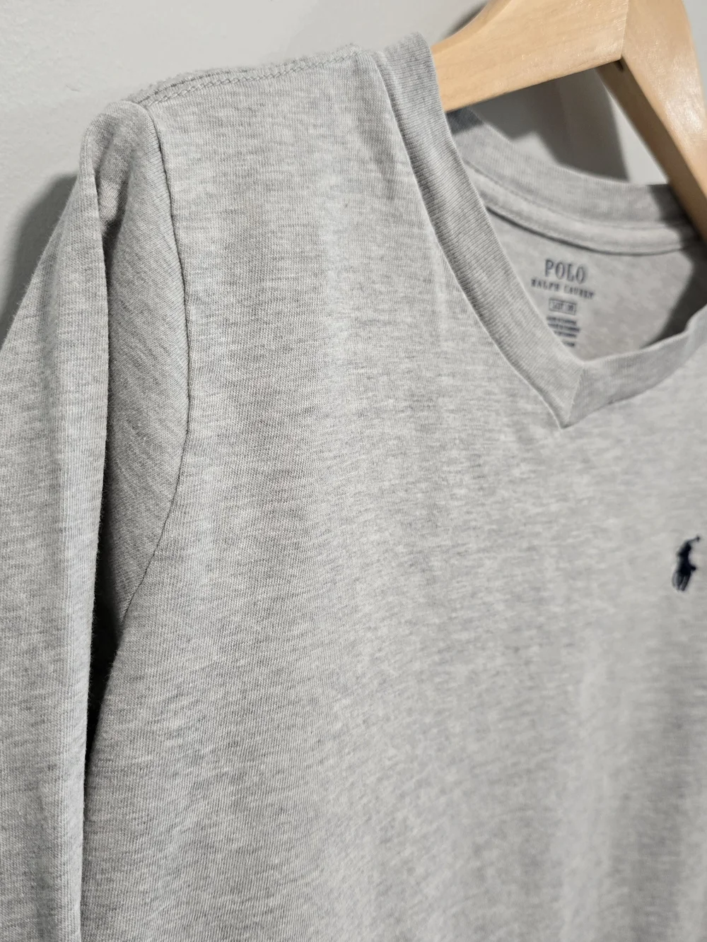 Ralph Lauren Kids' Long-Sleeve V-Neck Tee in Light Gray with Navy Pony